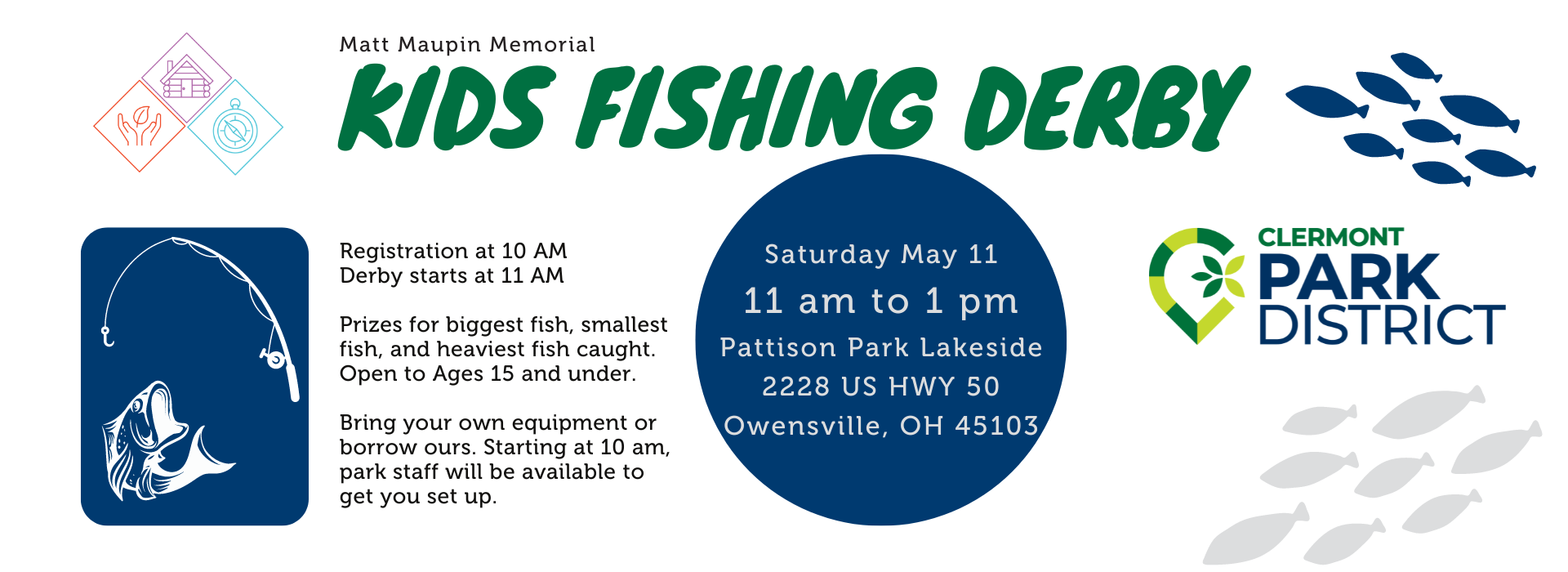 Kids Fishing Derby May 11th  Pattison Park Lakeside  11am-1pm 
